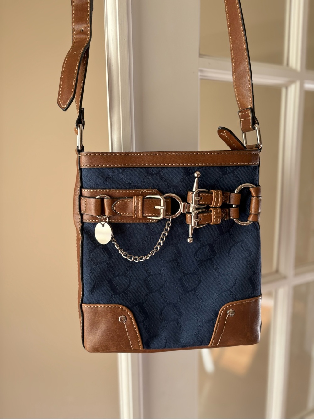 Chaps Navy and Brown Crossbody Bag with Buckle & Chain Detail